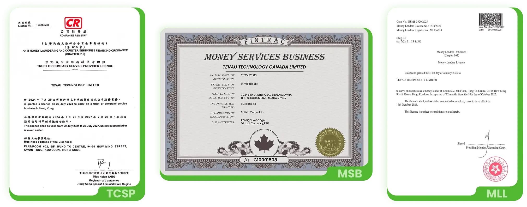 Tevau crypto fintech licenses — TCSP for crypto card services in Hong Kong, MSB registration for crypto money services, and Money Lender License for crypto lending