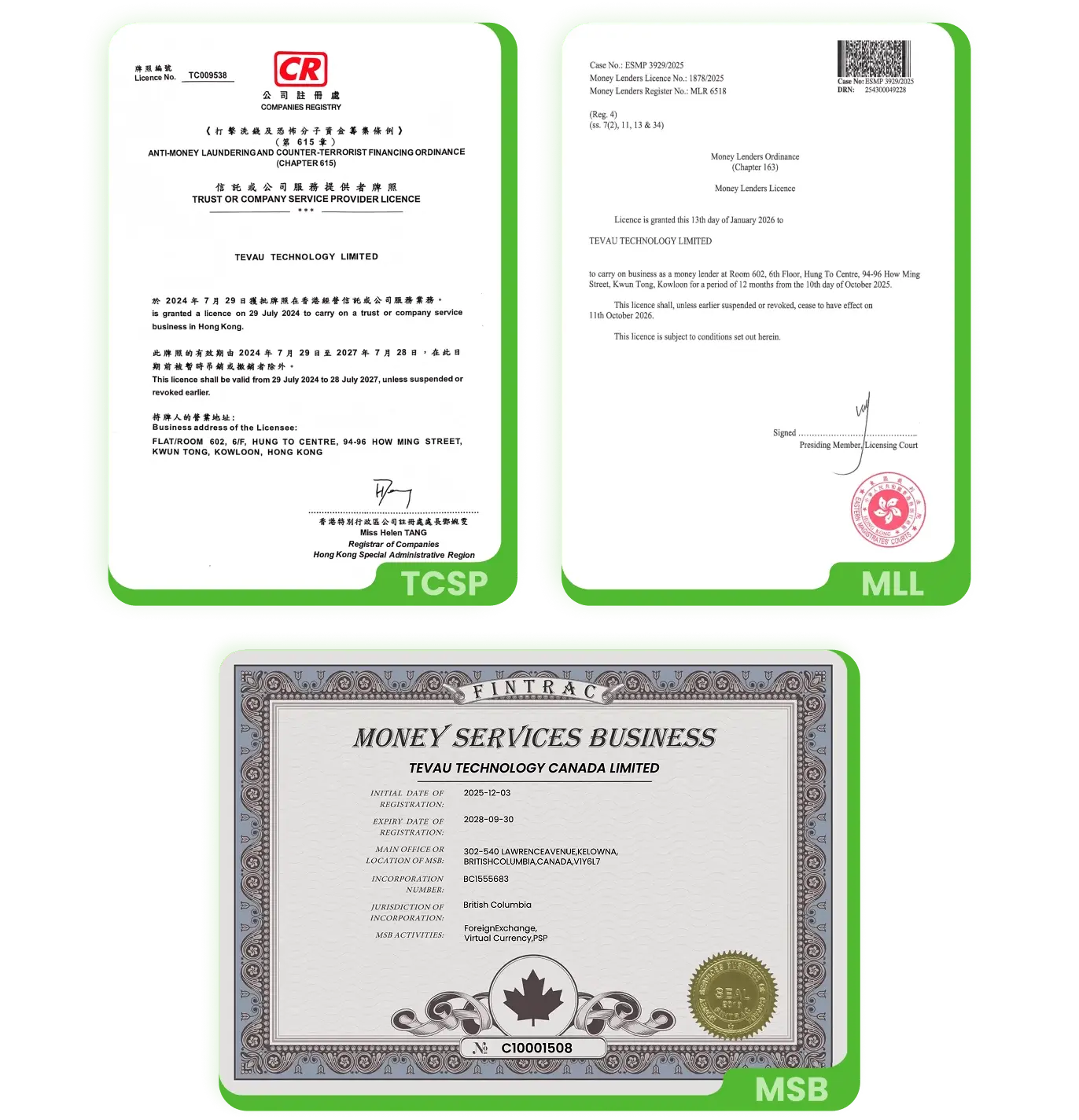Tevau crypto fintech licenses — TCSP for crypto card services in Hong Kong, MSB registration for crypto money services, and Money Lender License for crypto lending