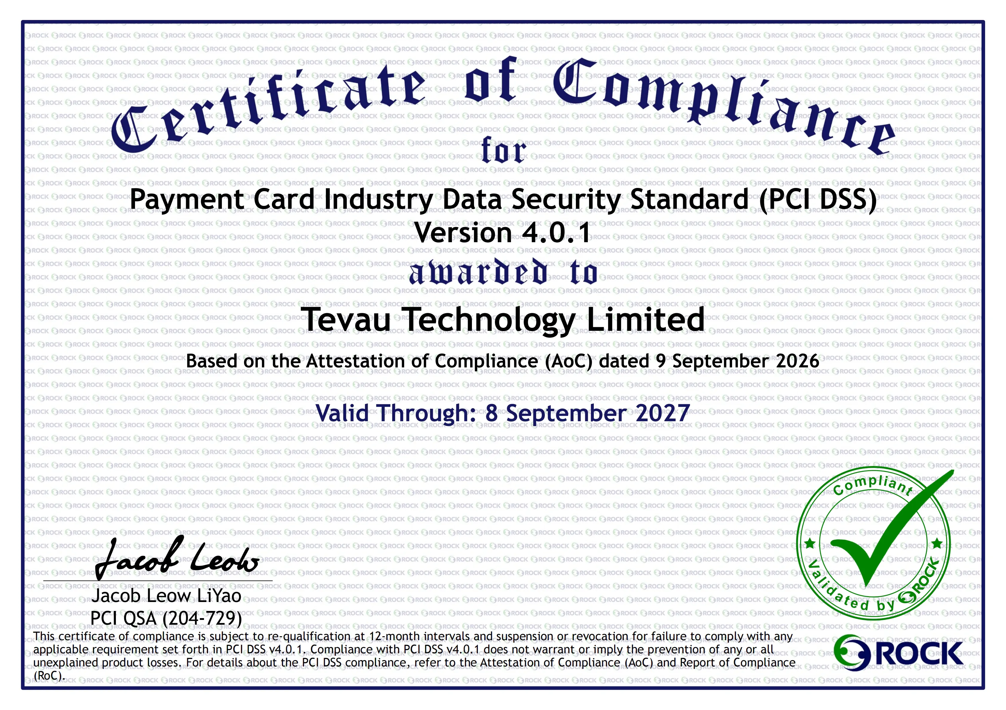 PCI DSS Certificate of Compliance